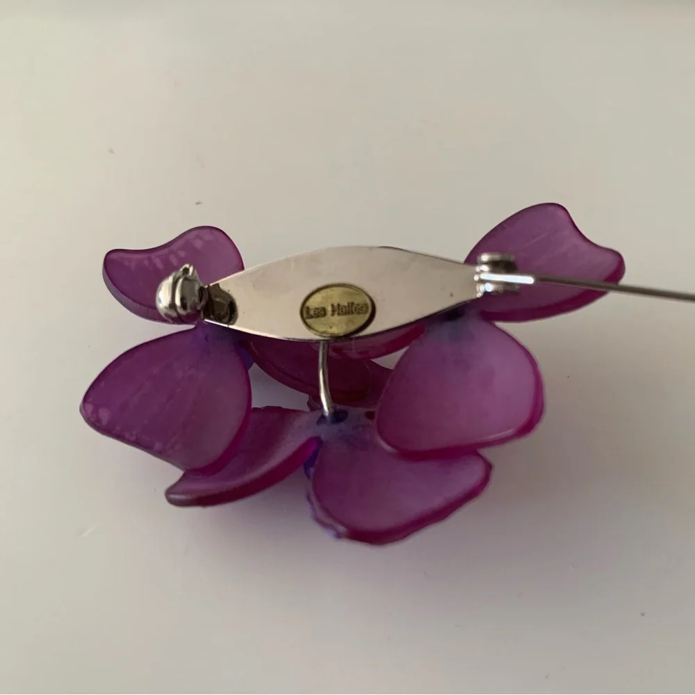 Les Halles Purple Lucite Floral Brooch Bold Statement Flower Pin Blue Accent